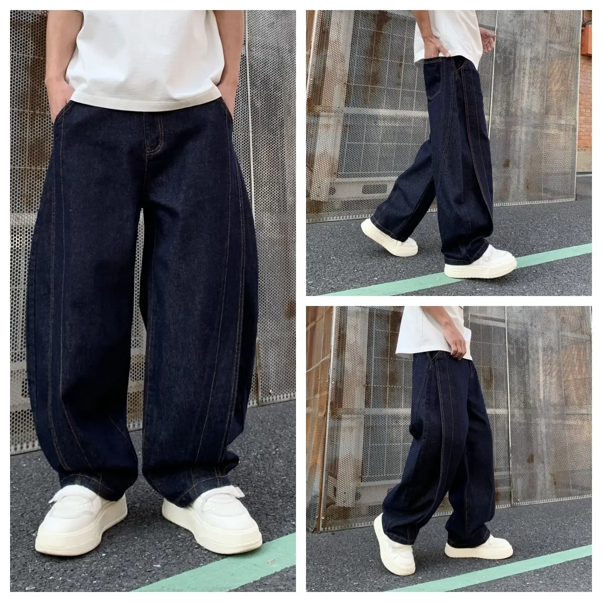 Popular Dark Blue Men's Denim Bloomers Wide Leg Y2k Pants New Spring Street Clothing 5
