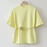 2025 Summer Basic Yellow White Flower T shirt Top - Image 3