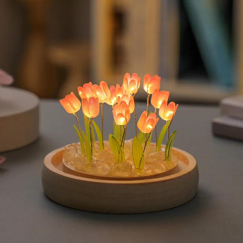 Artificial Tulip Flower Night Light Handmade DIY Bedside Lamp LED Night Lamp Bedroom Decor Christmas Birthday Gifts Table Lamp