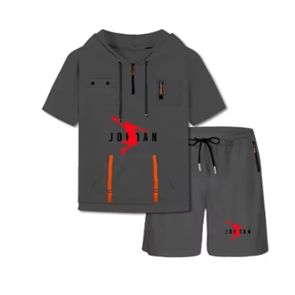 2025 Summer Thin Men's Sports Suit 2-piece Set fashion Casual Hooded Quick Dry Running Exercise Clothes Short Sleeve Shorts suit 3