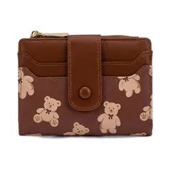 Charming Bear Cartoon PU Leather Women's Wallet with ID Window and Zippered Coin Holder (Brown)