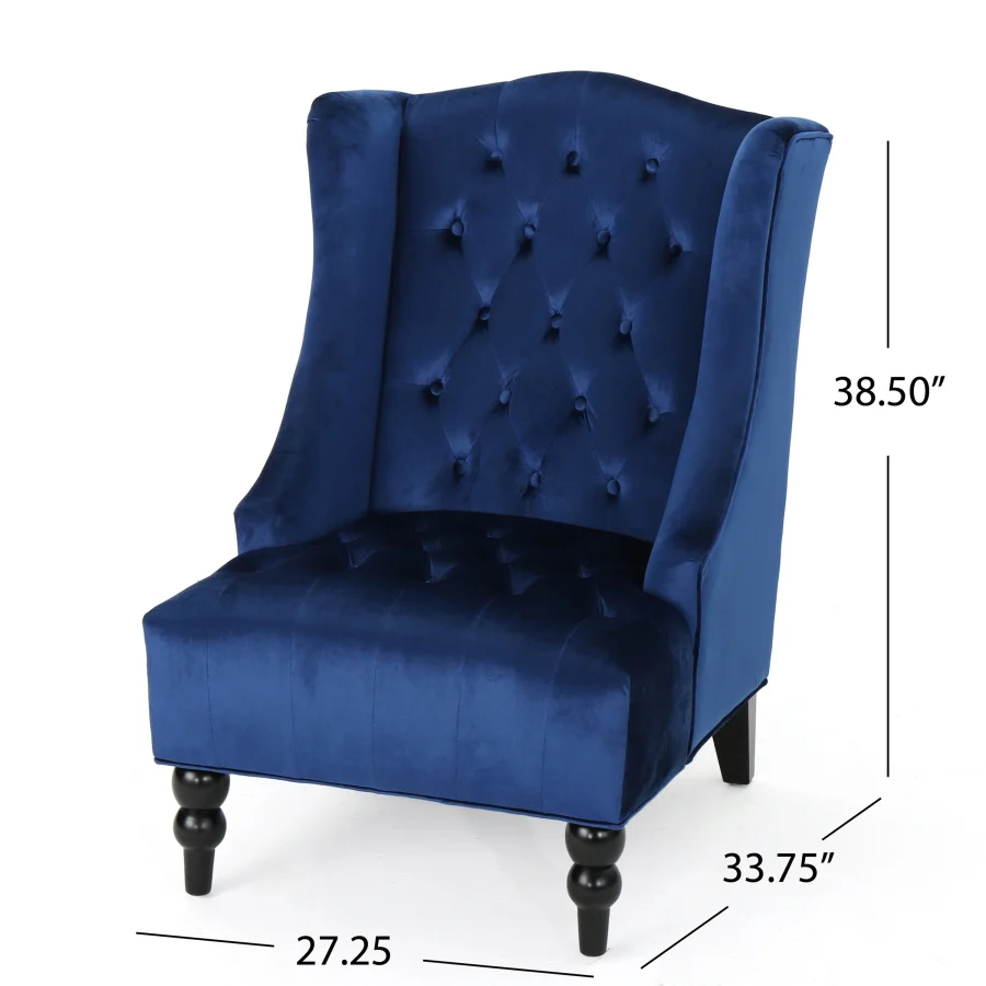 High-Back Velvet Club Chair Upholstered Wingback Chair Navy Blue 3