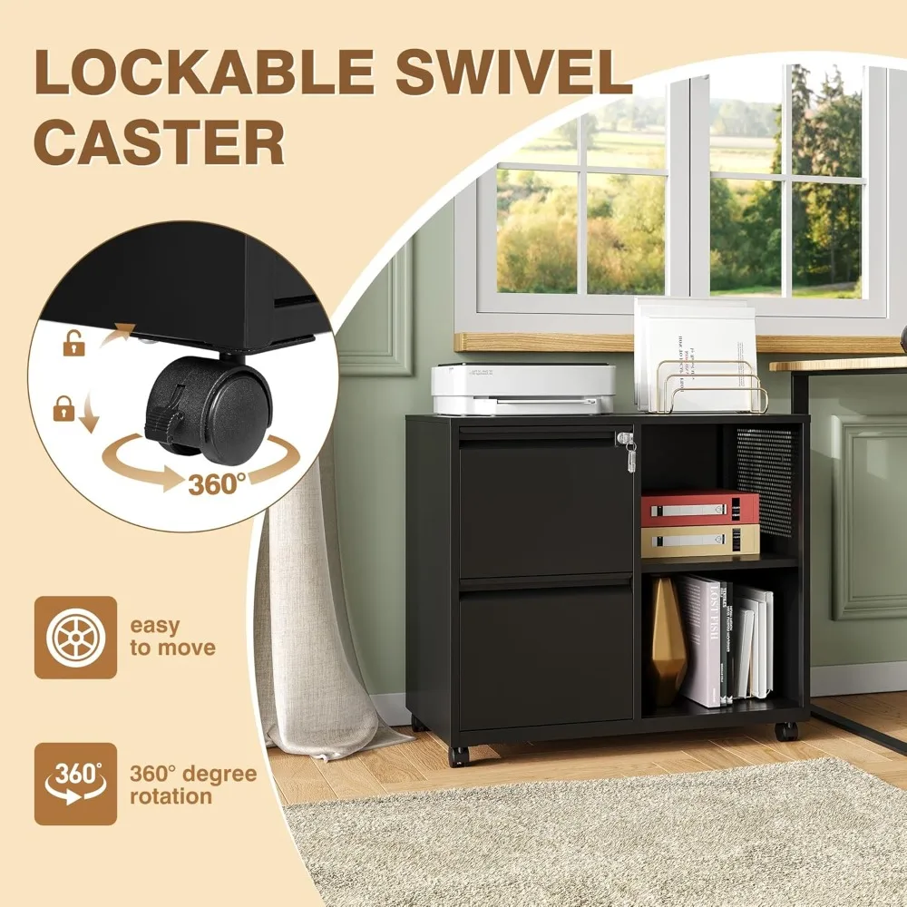 lateral 2 drawer filing cabinet with lock, mobile file cabinet on wheels, printer stand with storage for legal/letter/a4 file fo