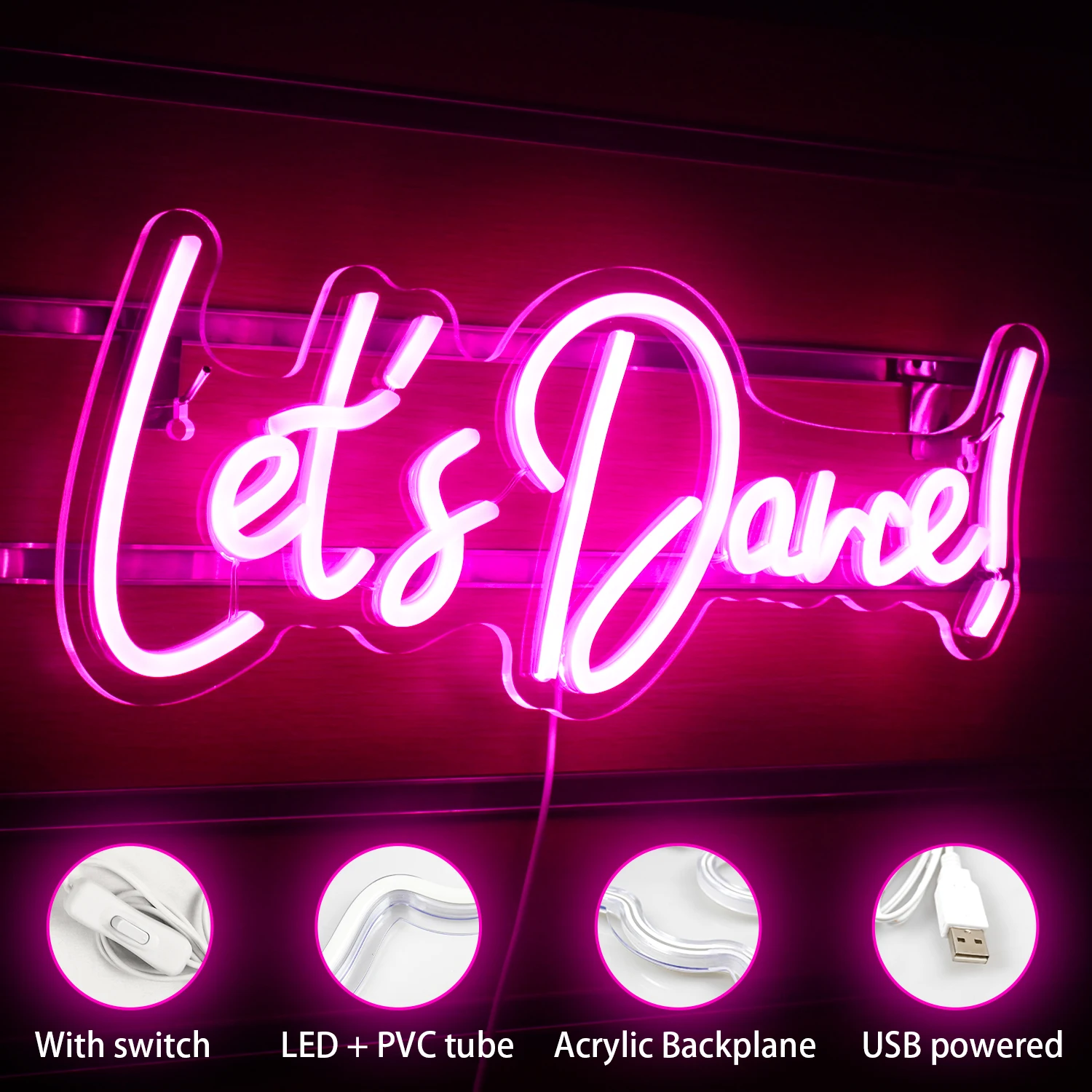 Let's Dance Neon Signs Dance Led Sign USB Powered Switch for Wedding Party Bar Valentines' Day Birthday Dancing Party Wall Decor