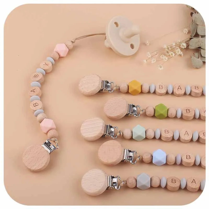 Custom Baby Name Pacifier Clips Flat Letter Beech Beads Handmade Personalized Name Silicone Nipple Chains Newborn Teething Chain