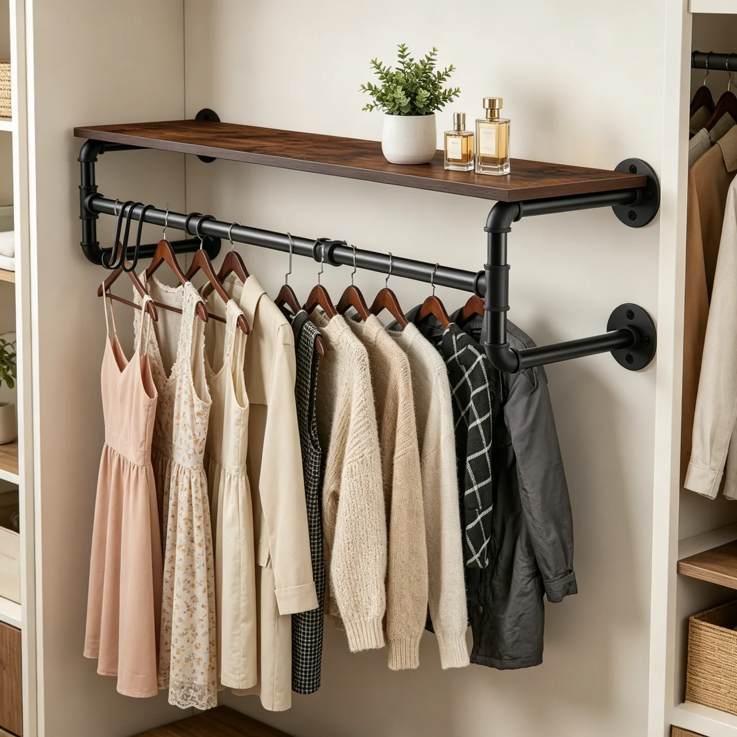 100cm Metal Pipe Clothes Rail Wall Mounted Garment Hanging Rack Wardorbe with Wood Shelf Space Saving for Bedroom Closet Rack