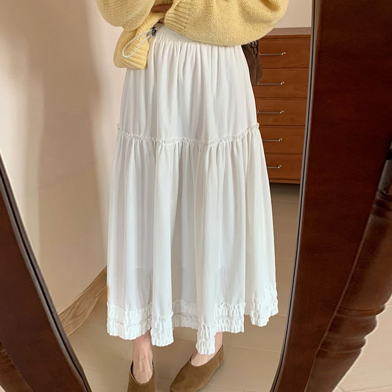 Korean Style Summer Pregnant Woman White Skirts Drawstring Waist Ruffles Hem Patchwork Elegant Lace Maternity Skirt for Women