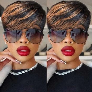 Short Human Hair Wigs for Women Pixie Cut Wig 1/30 Highlight with Bangs Machine Made 1
