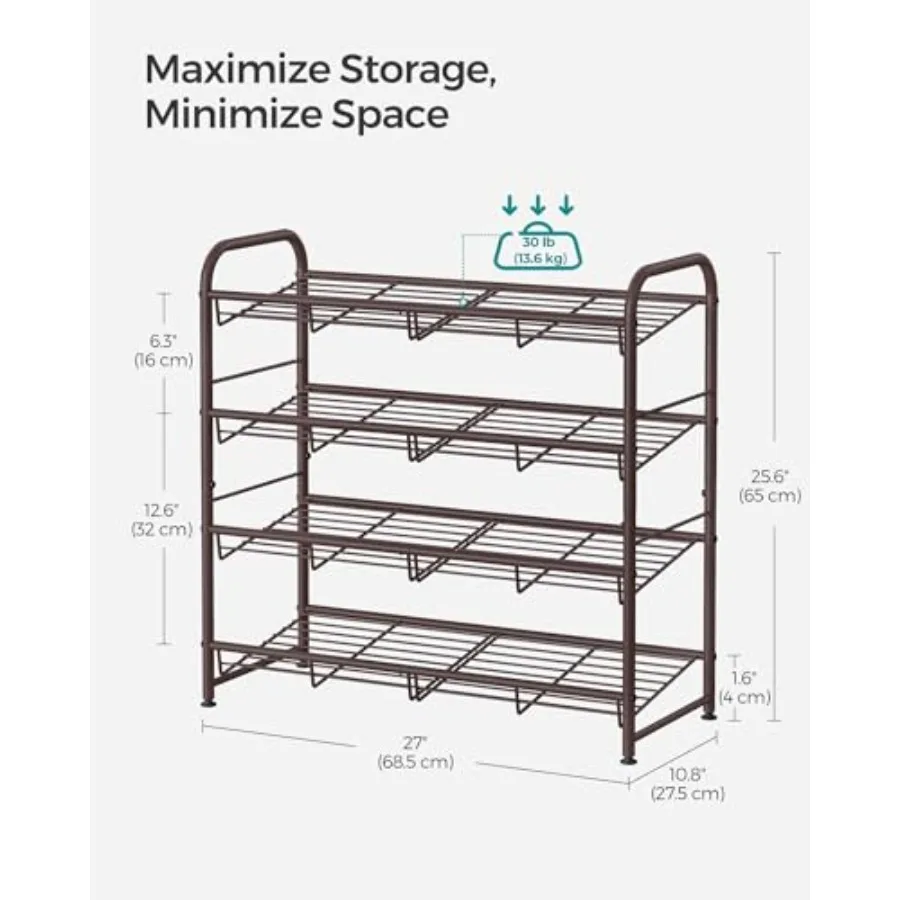 Stackable Shoe Rack 4 Tier Metal Shoes Rack Storage Shelf Holds up to 20 Pairs Shoes Adjustable Slanted Shelves Tower Organizer