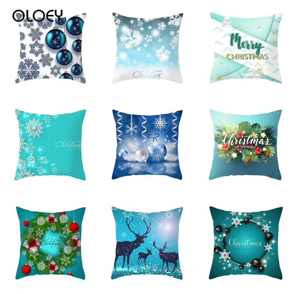 

1 Pcs 45x45cm New Blue Series Christmas Polyester Peachskin Pillowcases Waist Pillow Cover Decorative Pillows Cover Decoration
