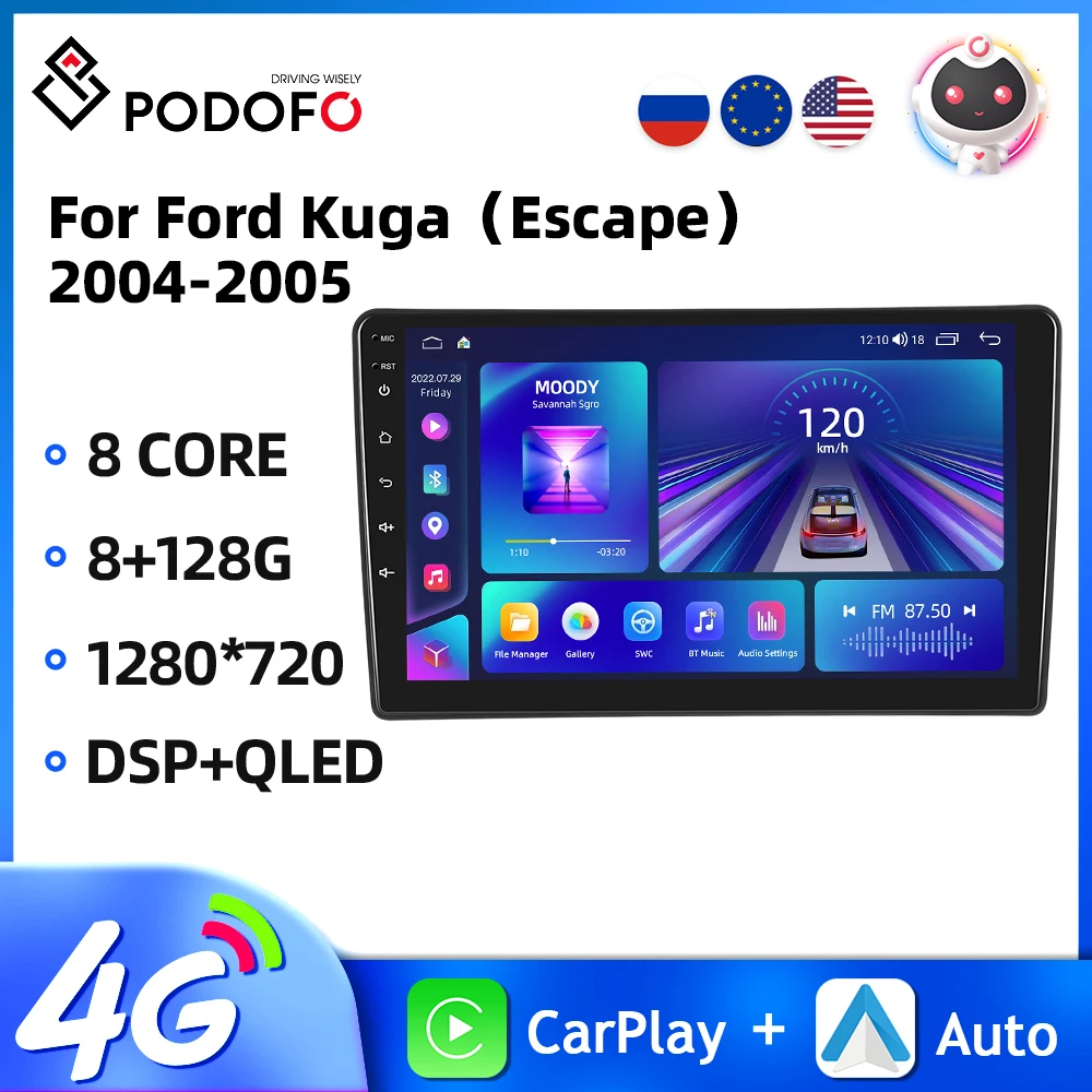 

Автомагнитола Podofo, 8 ядер, 9 дюймов, для Ford Kuga 2004-2005, мультимедийный плеер Carplay, Android, авто, Wi-Fi, 4G, GPS-навигация, BT, FM, автомобильное аудио