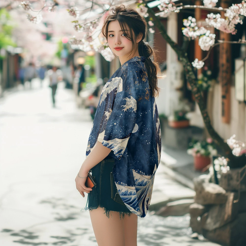 Japanese Kimono Cardigan Summer Samurai Kimono Men Cosplay Stylish Wave Print Haori Streetwear Japanese Fashion Yukata Vintage Cardigan Robe