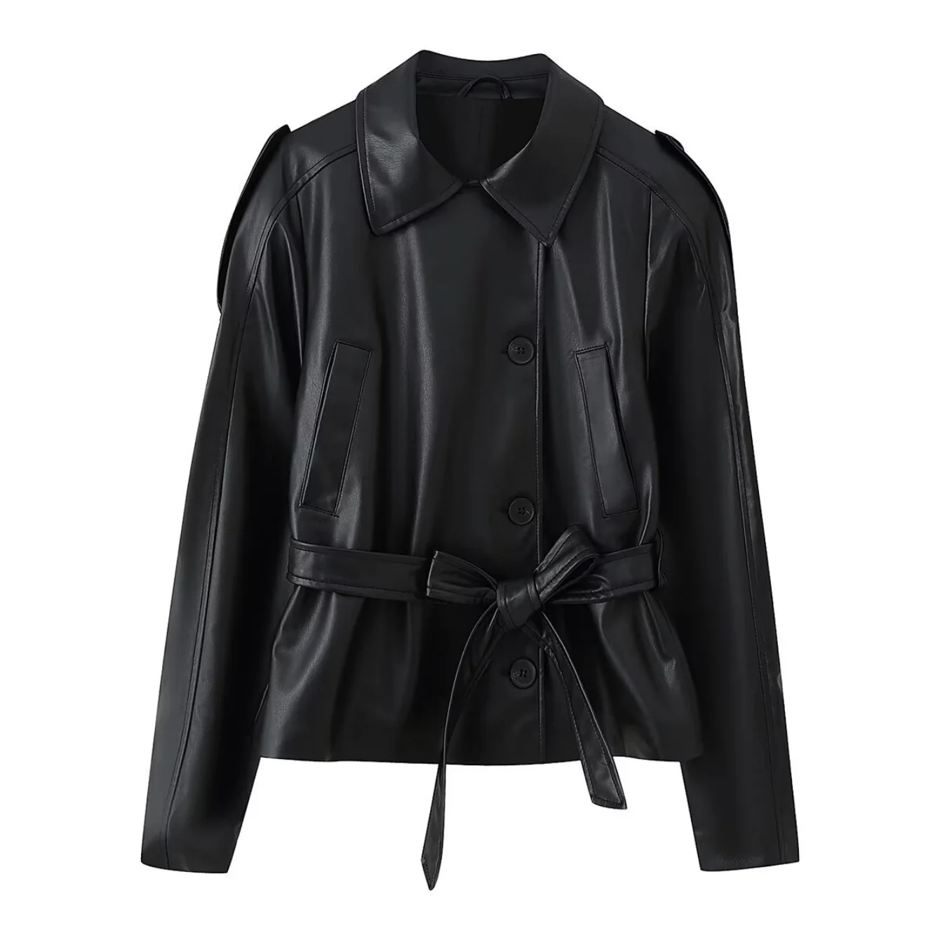 Woman Autumn Faux leather Jacket Solid Turn-Down Collar Long Sleeves Pocket Belt Single-Breasted Female Streetweer Style Coat