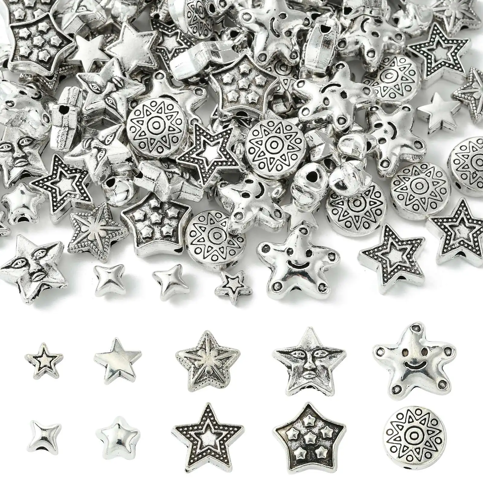 Pandahall 100 Stück 10 Stile Antik-Silber-Sternform-Abstandsperlen, tibetischer Stern, lose Perlen für Schmuckherstellungszubehör
