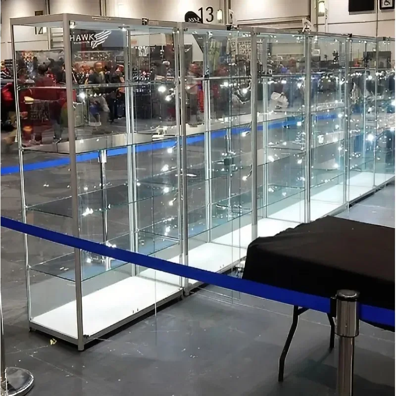 

custom，Retail Store Aluminum Frame Tall Cabinet Display Showcase with Glass Doors Adjustable Glass Shelf Wall Vitrine Display Ca