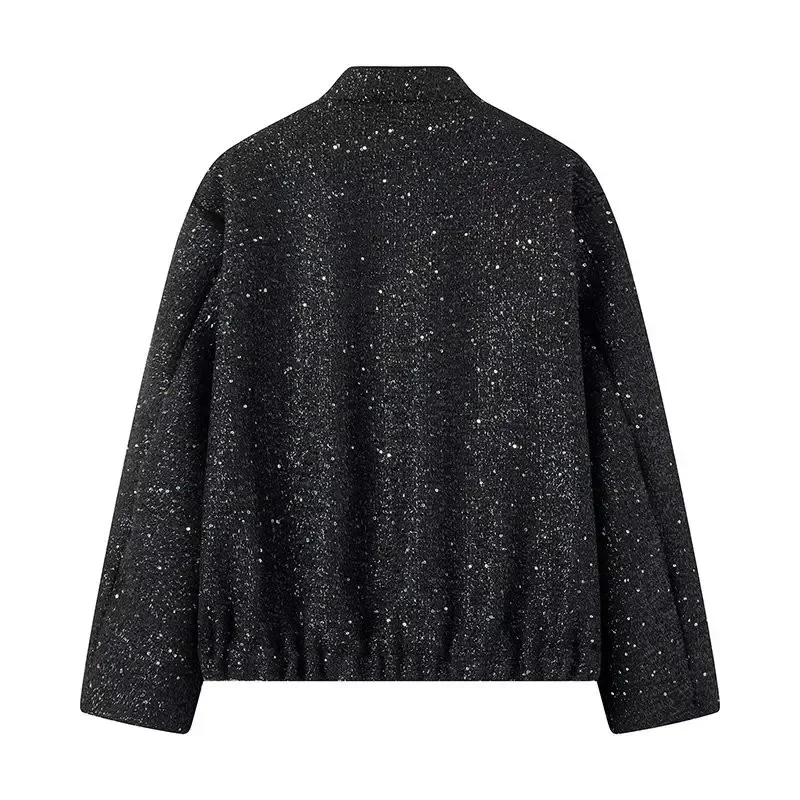 S4dd4189d8ce748cabf8311c0fcf36b7bN Women's Sequined Bomber Jacket Fall New Round Neck Long Sleeve Pocket Stretch Hem Sequins Jacket Coat Female Chic Outerwear Mallzona