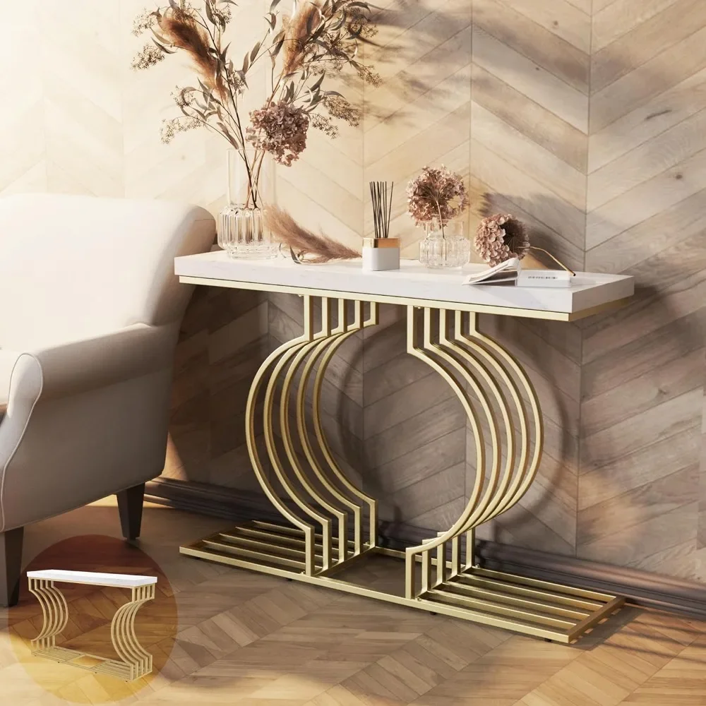 

Современный консольный стол, стол для прихожей, узкий Диванный стол 47,24 дюйма, мебель для гостиной из искусственного мрамора, Золотая основа (золото)