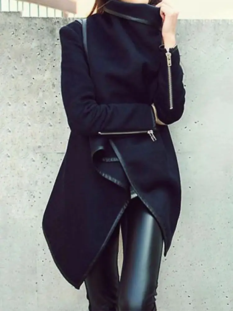 Onecozyday Female Black Asymmetric Jackets Split-Joint High-Neck Long Sleeves Coats For Women Spring and Autumn Outerwears
