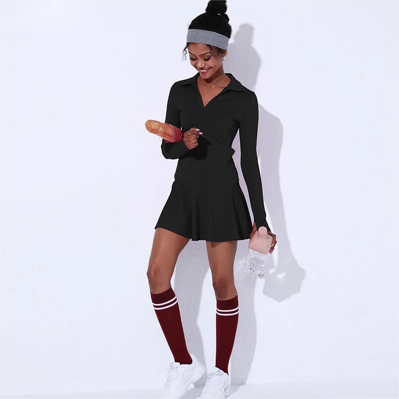 One Piece Tennis Skirt Nude Sports Short Dress Yoga Fitness Wear Long sleeve high collar