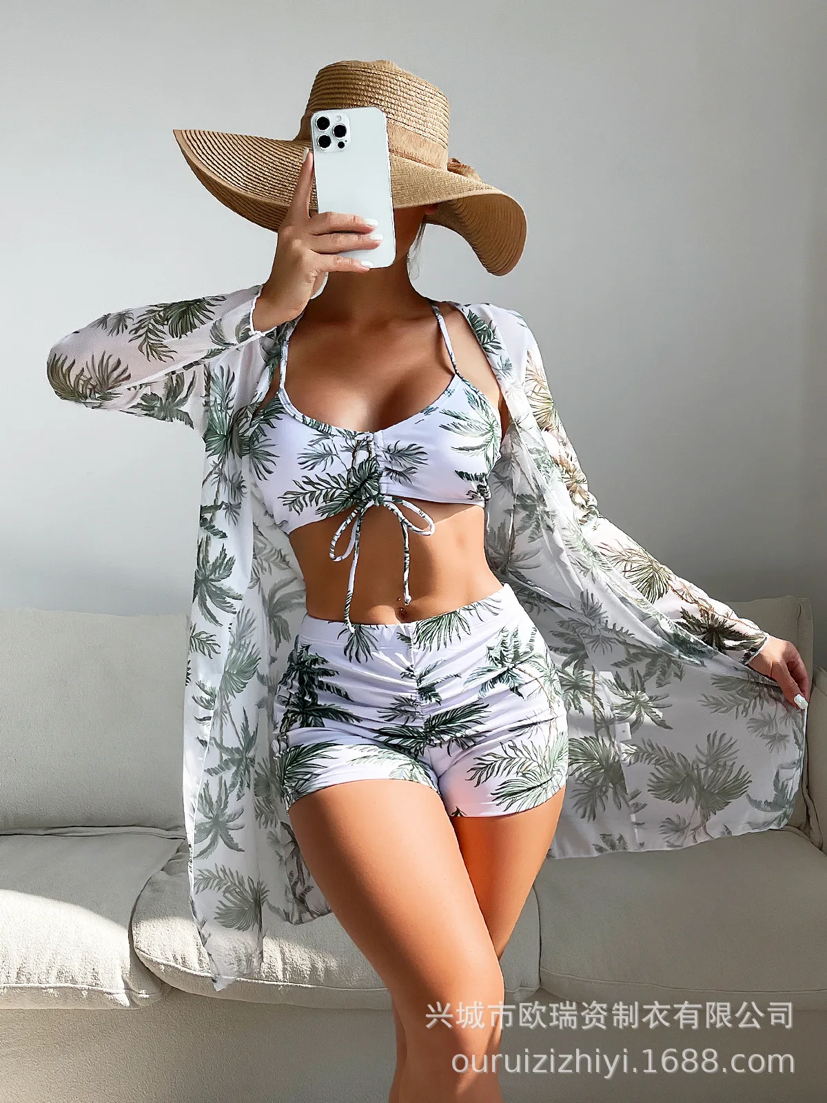 2024 Summer shorts Bikini 3 Pieces Set Swimwear Sexy Floral Print Brazilian Swimsuit For Women Bathing Suit Female Cover Up