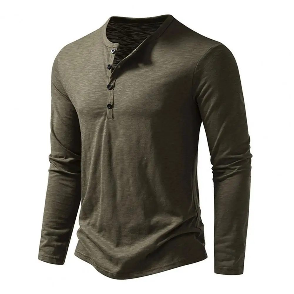 

Loose Fit Men T-shirt Stylish Men's Slim Fit Long Sleeve Tee Shirt with O-neck Buttons Solid Color Bottoming for Autumn