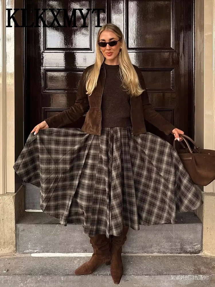 Chic Elegant Long Skirts For Women Fashion Check Pleated Midi Skirt High Street Casual Women's Skirt Temperament New Skirts