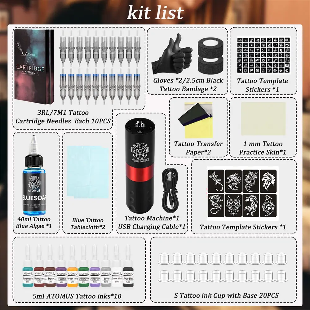 Complete Wireless Tattoo Gun Kit 20pcs Cartridge Needles Ink Rotary Tattoo Pen 1600mAh Battery Digital Portable Cordless Motor
