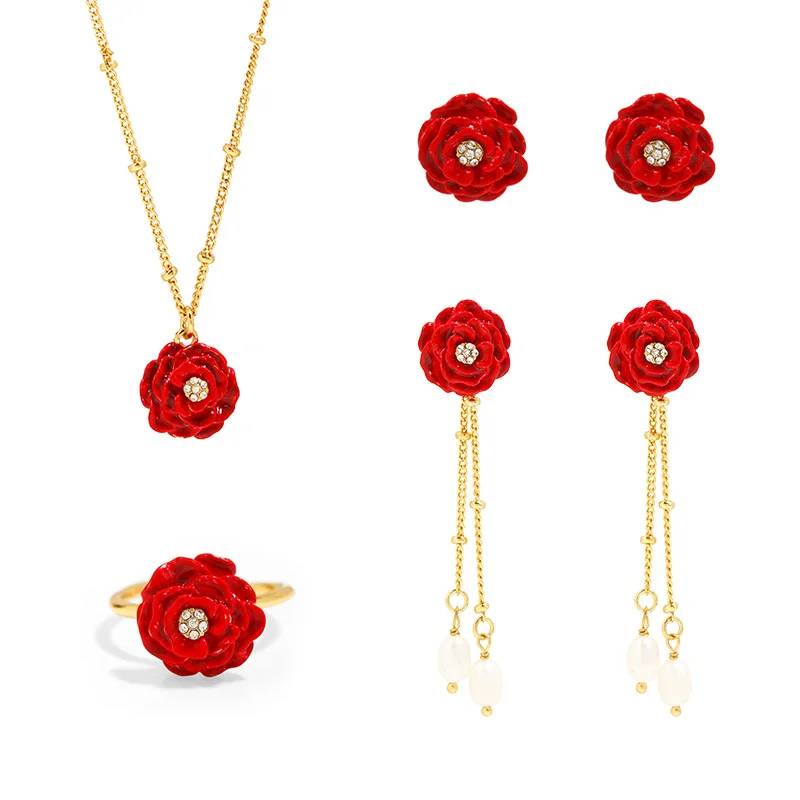 

Enamel Glaze Red Rose Flower Earrings Necklace Ring Jewelry For Woman 2022 Trend