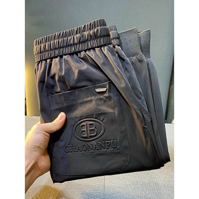 2024 Summer New Thin Ice Silk Quick-Drying Pants Men's Light Luxury Ankle Banded Slacks Slim-Fitting Long Pants