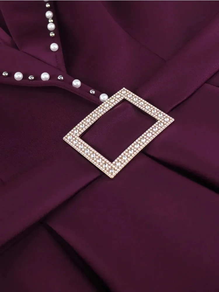 Elegant Women's Nail Bead Dress Solid Color Lapel High Waisted Hip Hugging Dresses Women's Banquet Long Sleeved Purple Set