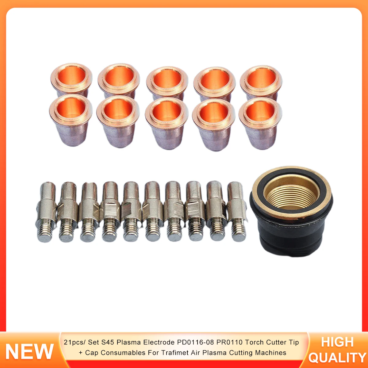 21pcs/ Set S45 Plasma Electrode PD0116-08 PR0110 Torch Cutter Tip + Cap Consumables For Trafimet Air Plasma Cutting Machines