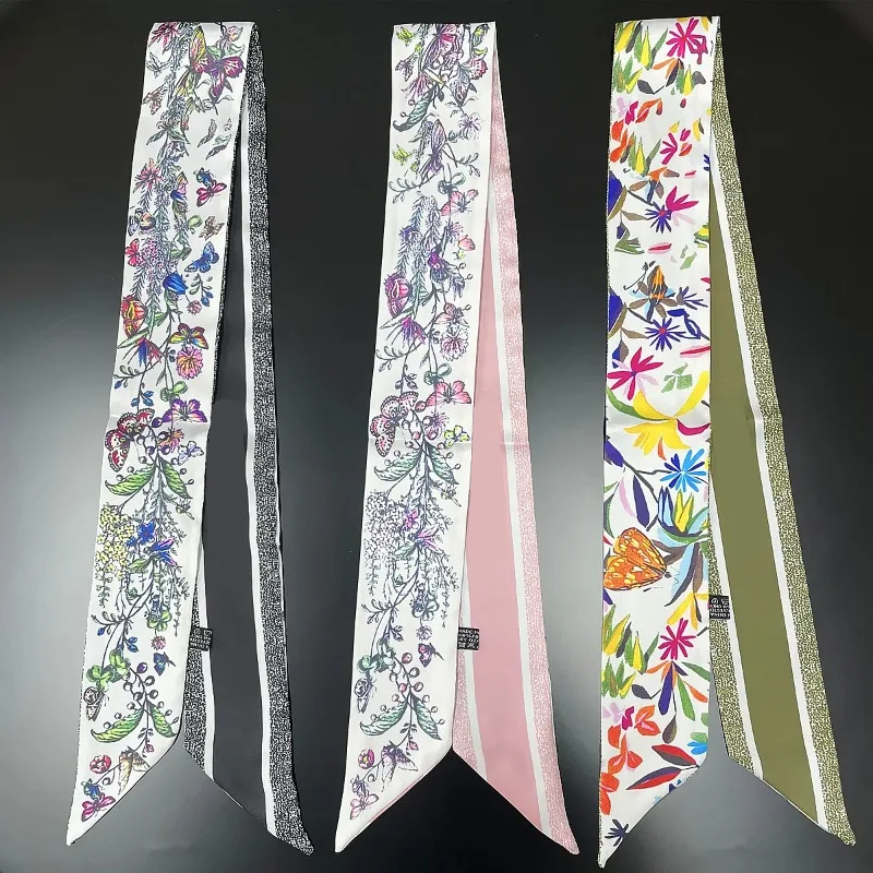 Vielseitiges Schmetterlings-Blumenmuster-Design, modisches langes Seidenband, kleiner Seidenschal, Foulard, Haar- und Halstuch, Stirnband für Damen – Detail 3