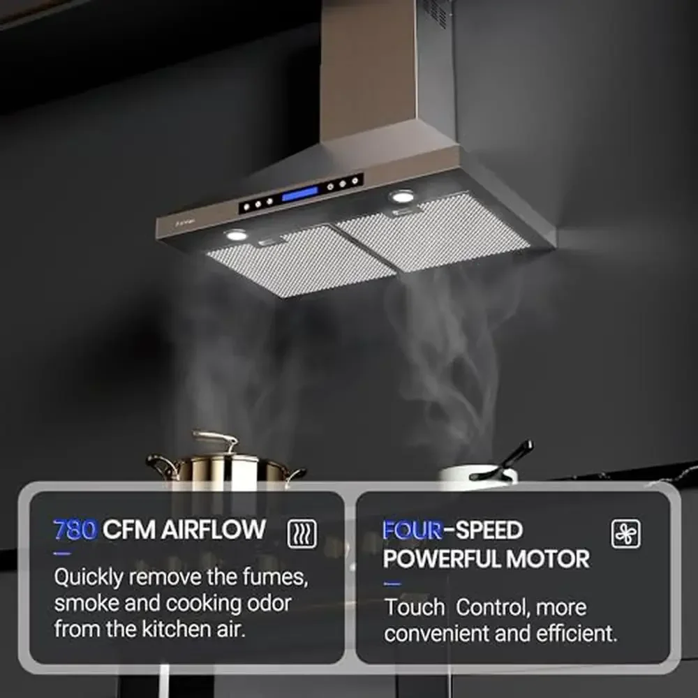 36 Inch Stainless Steel Wall Mount Range Hood 780CFM 4-Speed Touch Panel Adjustable Timer Remote Control Dishwasher-Safe Filters 2
