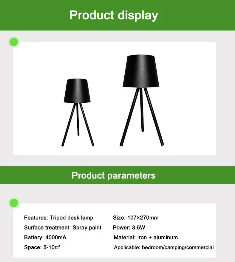 Modern cordless portable wireless design tripod desk lamp indoor lighting dimming tact switch night light fixture