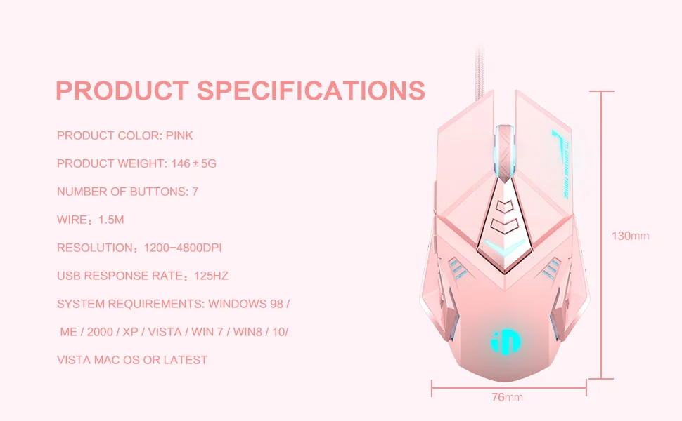 Wired USB Gaming Mouse Pink Mute RGB Gamer 7 Buttons Mice Optical Office Computer Mouse For Desktop Laptop Ergonomic Game Mouse