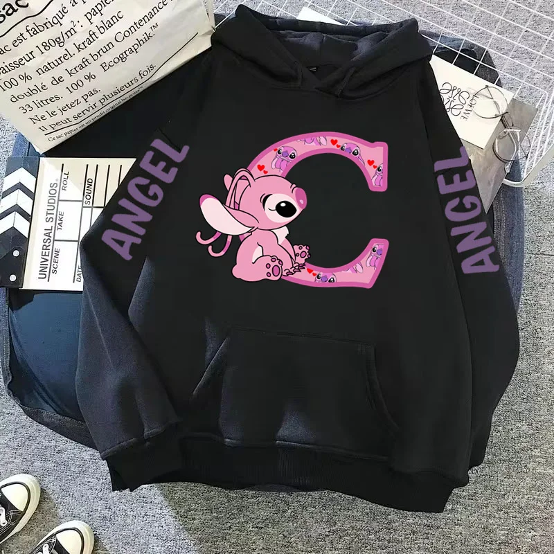 2024 Women's Winter Jacket Cute Kawaii Disney Lilo & Stitch Lucky Letter Print Black Hoodie Fashion Couple Streetwear Sportswear 3