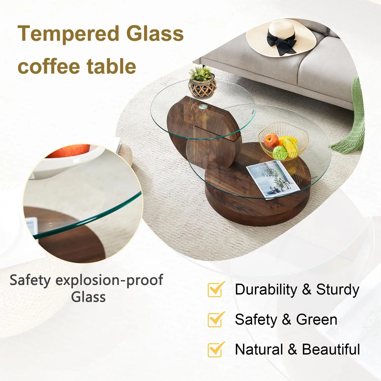 Glass Coffee Table,Modern Round Tempered Glass Coffee Tables for Living Room,Cocktail Table for Small Space Home Office (Walnut) 5