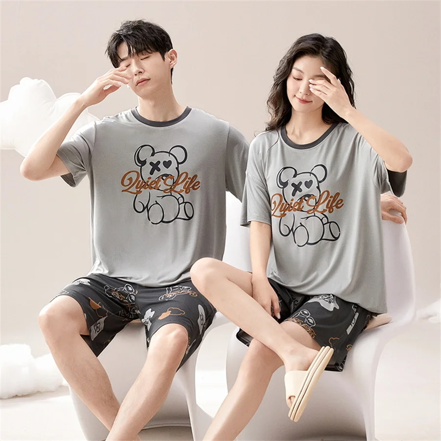 Printed Couple Pajamas Set Short Sleeve T-shirt and Shorts Women Modal Sleepwear with Bra Pad Men Home Clothes 2 Pcs Loungewear