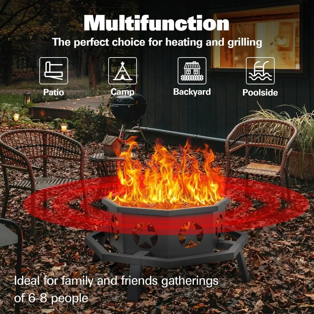 35 Inch 2 in 1 Fire Pit with Grill, Large Wood Burning Fire Pit with Cooking Grate, Octagonal Outdoor Firepit