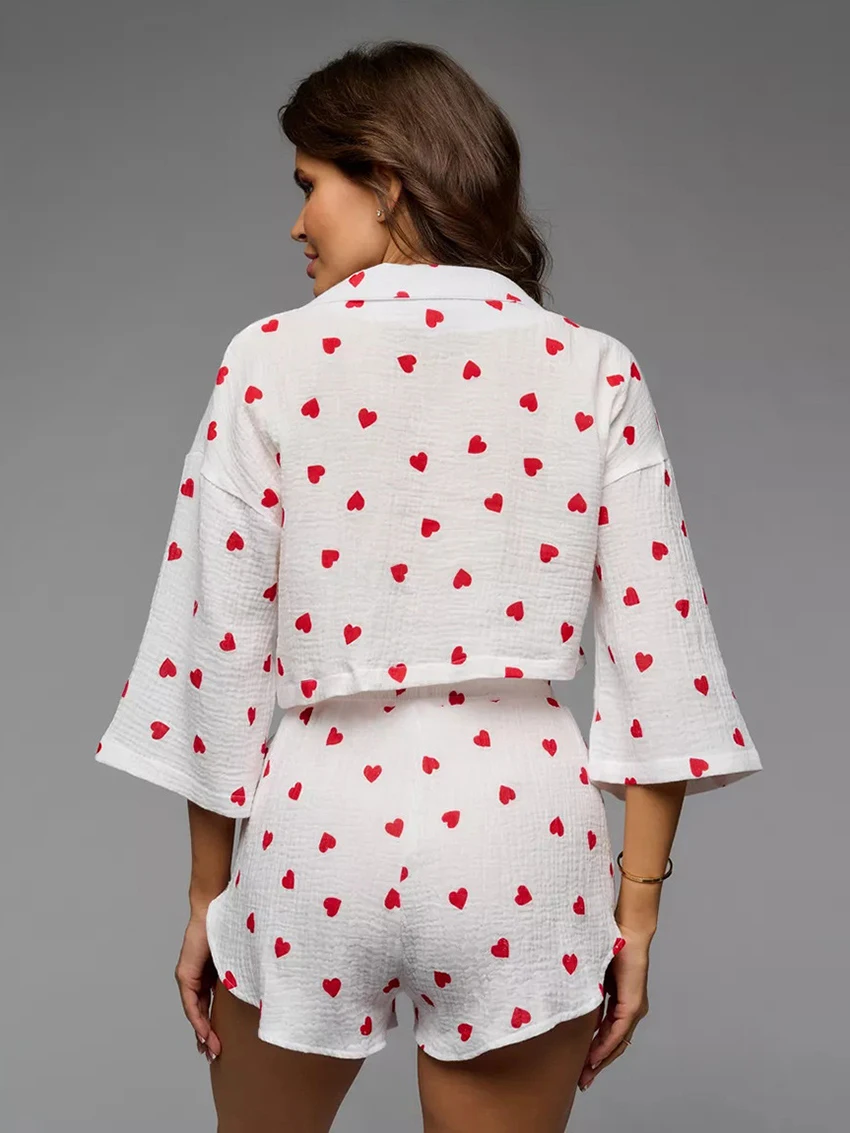 Marthaqiqi Love Printing Women Nightie Set Sexy Turn-Down Collar Sleepwear Three Quarter Sleeve Shorts Casual Femme Home Clothes