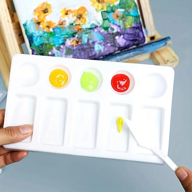 Bview Art 1Pcs 10 Holes Square Paint Tray Palette +5Pcs Palette Knifes Artist DIY Graffiti Oil White Plastic Paint Container Box