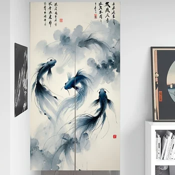 Arazzo classico in lino giapponese da 1 pezzo, tenda per porta con pittura a inchiostro di pesce Koi blu, divisorio alla moda per camera da letto, soggiorno 1