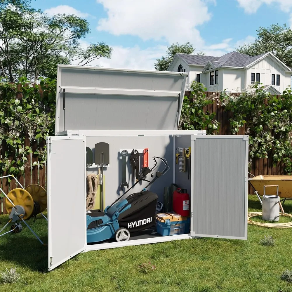 Resin Storage Shed, 41 Cubic Foot Small Outdoor Shed with 3 Doors and Floor, 306 Gallon Deck Box Waterproof