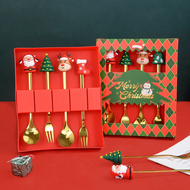2/4/6pcs Christmas Glod Spoon Fork Set Stainless Steel With Gift Box Tableware Desser Fork Coffee Spoon Decor New Year Navidad