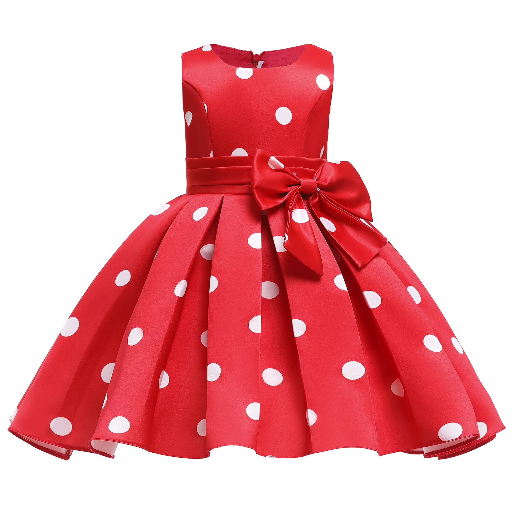 

Red Baby Girl Dress Birthday Children Clothing Polka Dots Print Bowknot Sleeveless Pleated Gown Princess Infant Party Dresses