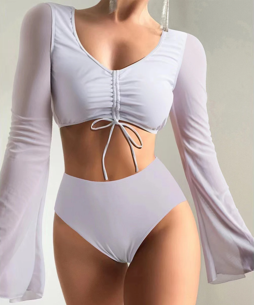 Drawstring Front Tops Bikinis 2023 Women High Waist Swimsuit Summer Long Sleeved Swimwear Female Bathers Swimming Suit Beachwear