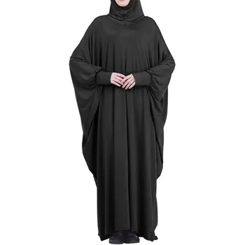 Muslim Abaya Hooded Smocking Sleeve One-piece Prayer Dress Women Jilbab Islamic Clothing Dubai Saudi Black Robe Turkish Modesty