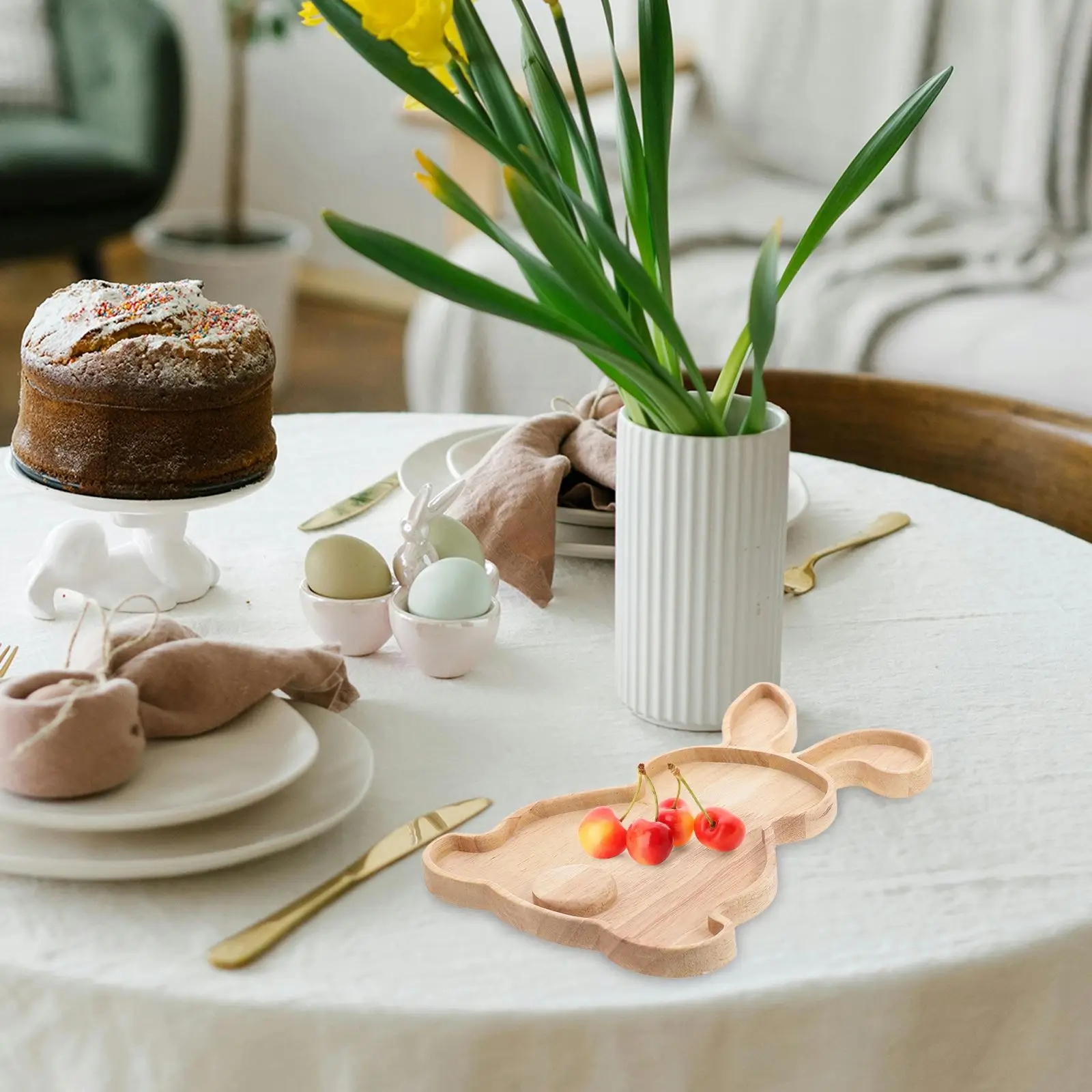 Easter Wooden Rabbit Plate Adorable Wooden Tray Snack Fruit Tray for Parties Holidays Dinners Wooden Decorative Tray 4