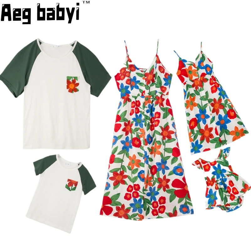 

Summer Flower Print Mother And Me Daughter Girl Dress Father And Son Boy Short Sleeve Shirt Tops Sets Family Parent-Child Outfit