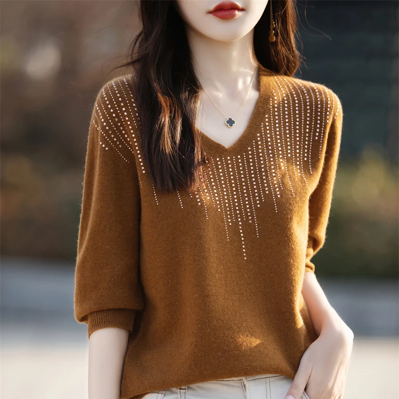 2024 Spring and Summer New Diamond inlay Cashmere Sweater Ladies Pullover Half-sleeved Knitted Cashmere Sweater Thin Casual Top